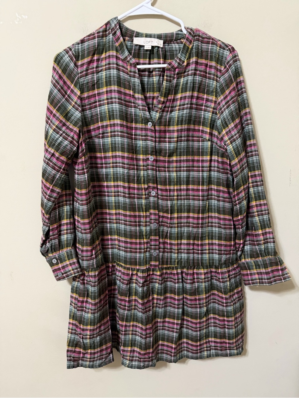 LOFT Plaid Button-Front Mini Dress flannel drop waist small petites fall holiday